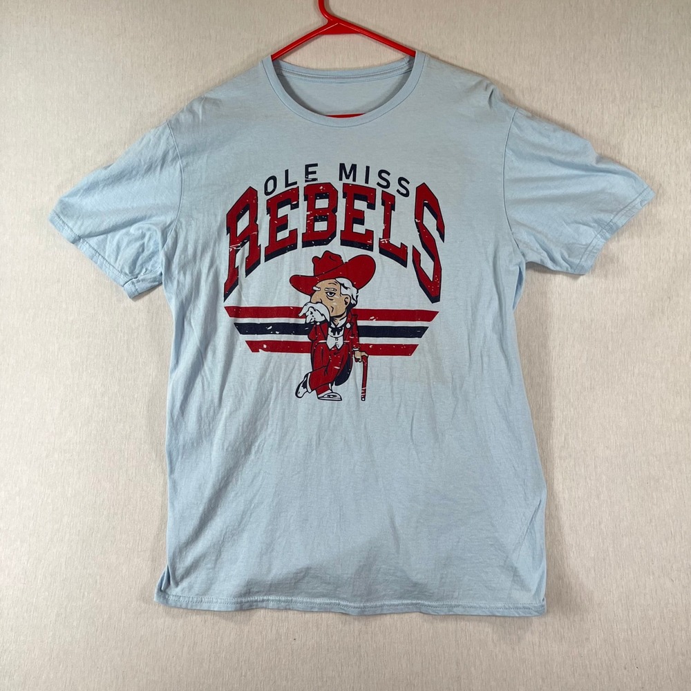 Vintage Ole Miss Rebels T-Shirt Unisex Medium Colonel Reb Graphic Light Blue
